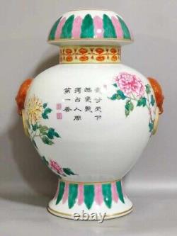 Rare Qing Dynasty Chinese Porcelain Famille Rose Peony Duo Auspiciou Handle Vase