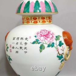 Rare Qing Dynasty Chinese Porcelain Famille Rose Peony Duo Auspiciou Handle Vase