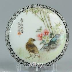 Republic Period Chinese porcelain stamp box bird landscape Marked Calligraphy