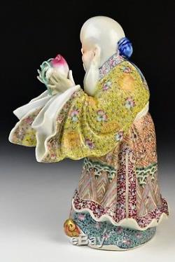 Signed Antique Chinese 19th Century Shou Lao Famille Rose Porcelain Statue