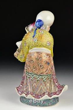 Signed Antique Chinese 19th Century Shou Lao Famille Rose Porcelain Statue