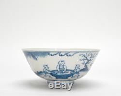 Superb Antique Chinese Ming Style Blue and White Boy Playing Porcelain Bowl -TOP