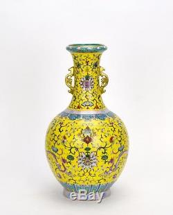 Superb Chinese Enamel Famille Rose Floral Yellow Ground Porcelain Vase