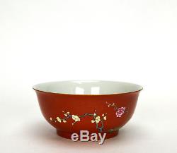 Superb Chinese Finely Painted Iron Red Glaze Famille Rose Floral Porcelain Bowl