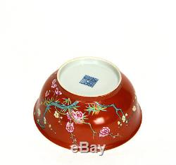 Superb Chinese Finely Painted Iron Red Glaze Famille Rose Floral Porcelain Bowl