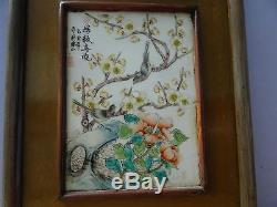 Superb old Chinese handpainted porcelain Qianjiang plaque signed 2 birds wood