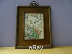 Superb old Chinese handpainted porcelain Qianjiang plaque signed 2 birds wood