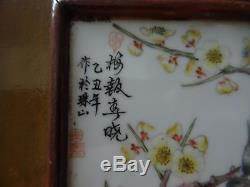 Superb old Chinese handpainted porcelain Qianjiang plaque signed 2 birds wood