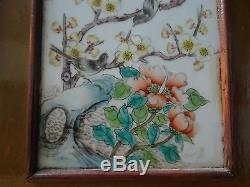 Superb old Chinese handpainted porcelain Qianjiang plaque signed 2 birds wood