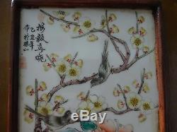 Superb old Chinese handpainted porcelain Qianjiang plaque signed 2 birds wood