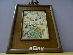 Superb old Chinese handpainted porcelain Qianjiang plaque signed 2 birds wood