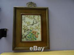 Superb old Chinese handpainted porcelain Qianjiang plaque signed 2 birds wood