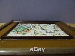 Superb old Chinese handpainted porcelain Qianjiang plaque signed 2 birds wood