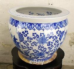 V Large Chinese Porcelain Blue White Koi Fish Bowl Planter Vase Birds 13.8