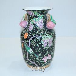 VTG Chinese Porcelain Raised 3D Floral Bird Vase 12 Tall Vibrant Colors