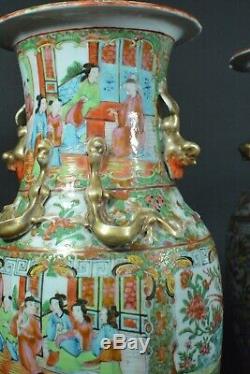 Vase Chine Porcelaine de Canton Famille Rose Antique Chinese Mandarin 19 thc x2