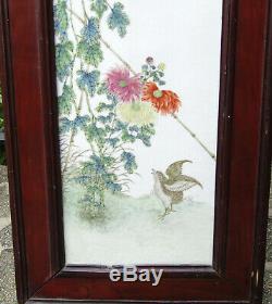 Very Fine 19th C. Chinese Famille Rose Porcelain Plaque, Quail, Flowers