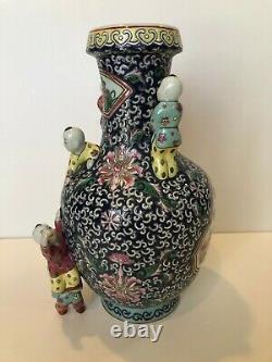 Vintage Chinese Black Floral Mille Fleur Porcelain Vase with3 Boys Figurine, 14 T