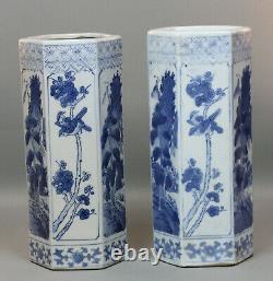 Vintage Chinese Blue And White Porcelain Hexagonal Vases Pair