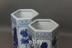 Vintage Chinese Blue And White Porcelain Hexagonal Vases Pair