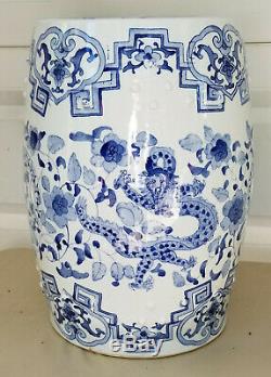 Vintage Chinese Export Dragon Phoenix Blue & White Porcelain Garden Seat Stool