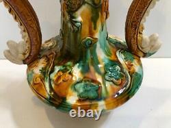 Vintage Chinese Handmade & Painted Pottery Vase withTwo Dragon Handles, 13 1/2 T