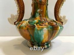 Vintage Chinese Handmade & Painted Pottery Vase withTwo Dragon Handles, 13 1/2 T