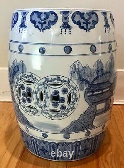 Vintage Chinese Porcelain Blue & White Chinoiserie Hand Painted Garden Stool