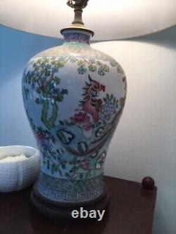 Vintage Chinese Porcelain Lamp with Peacocks, Flowers Mahogany Base