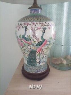 Vintage Chinese Porcelain Lamp with Peacocks, Flowers Mahogany Base