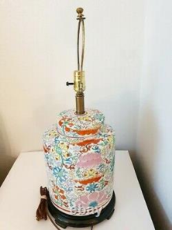 Vintage Ginger Jar Chinese Porcelain Table Lamp Wood Base Hand Floral Painted