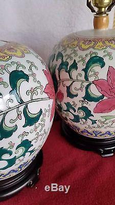 Vintage Ginger Jar Table Lamps Famille Rose Chinese Porcelain Pair Floral Cooper