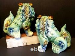 Vintage Pair Green Blue Chinese Porcelain Foo Dogs Liions Statue 8.5 Buddhist