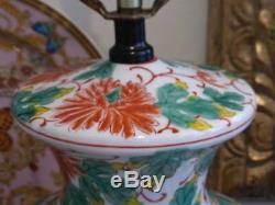 Vintage Pair Of Chinese Hand Painted Floral Designed Porcelain Table Lamps 30.5