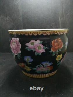Vintage Porcelain Chinese Fish Bowl Planter Black Flower Pattern