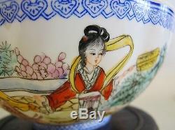 Vintage Signed Chinese Eggshell Porcelain Bowl with Women Republic Era c. 1950