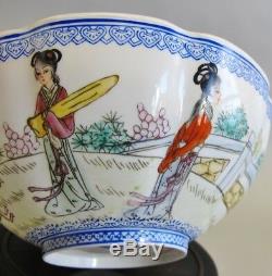 Vintage Signed Chinese Eggshell Porcelain Bowl with Women Republic Era c. 1950