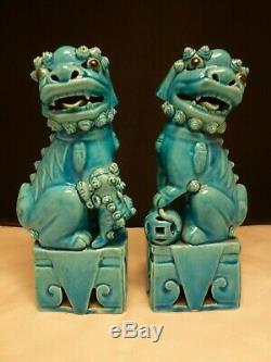 Vintage Turquoise Blue Chinese Porcelain Pair Foo Dogs Lions 8 Tall Figurines