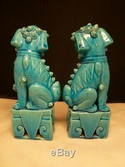 Vintage Turquoise Blue Chinese Porcelain Pair Foo Dogs Lions 8 Tall Figurines