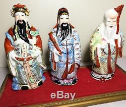 Vtg 3 Chinese God Porcelain Figures-Prosperity Longevity Happiness in display