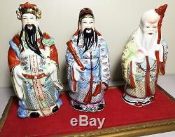 Vtg 3 Chinese God Porcelain Figures-Prosperity Longevity Happiness in display