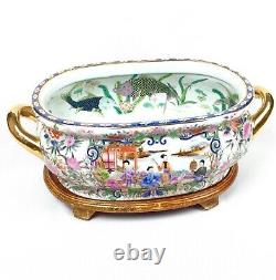 Vtg Chinese Handpainted Porcelain Oval Fish Bowl Imperial Courtyard Planter Pot