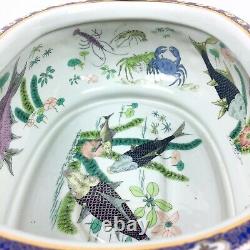 Vtg Chinese Handpainted Porcelain Oval Fish Bowl Imperial Courtyard Planter Pot