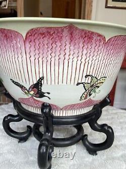 Vtg Chinese Porcelain Jardiniere? Bowl w Stand Handpainted Butterflies? Large