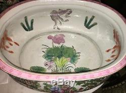 Vtg Sign Chinese Porcelain Koi Fish Bowl Planter Jardiniere Antique Famille Rose