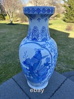 White and Blue floral vase chinese vintage Antique porcelain 19 tall