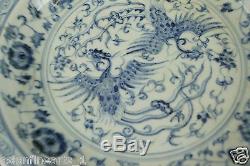 Yuan Dynasty Blue and White Porcelain Dragon Phoenix Plate Chinese Antiqu #531