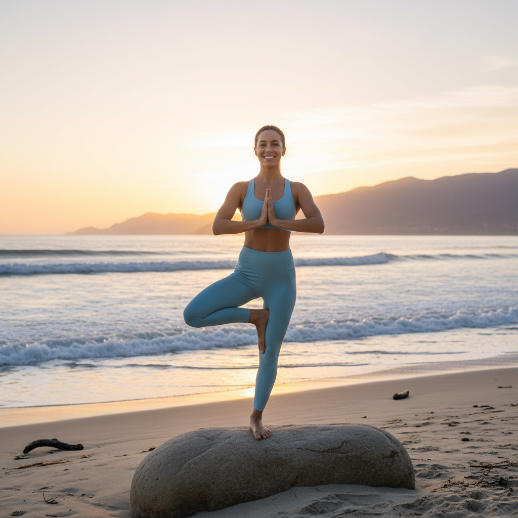 Sebuah wanita muda yang tersenyum sedang melakukan yoga di tepi pantai saat matahari terbit, dengan latar belakang ombak tenang dan langit berwarna oranye keemasan. Atmosfernya tenang dan damai, menonjolkan kesehatan dan ketenangan.