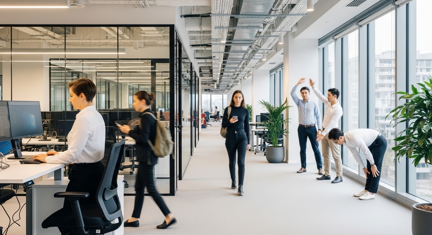 A wide shot of a modern office environment with several employees actively engaged in various forms of 'gerak aktif'. One person is using a standing desk, another is walking briskly down a hallway, and a small group is doing light stretches during a break. The atmosphere is energetic and productive. Realistic, high-resolution, professional photography style.