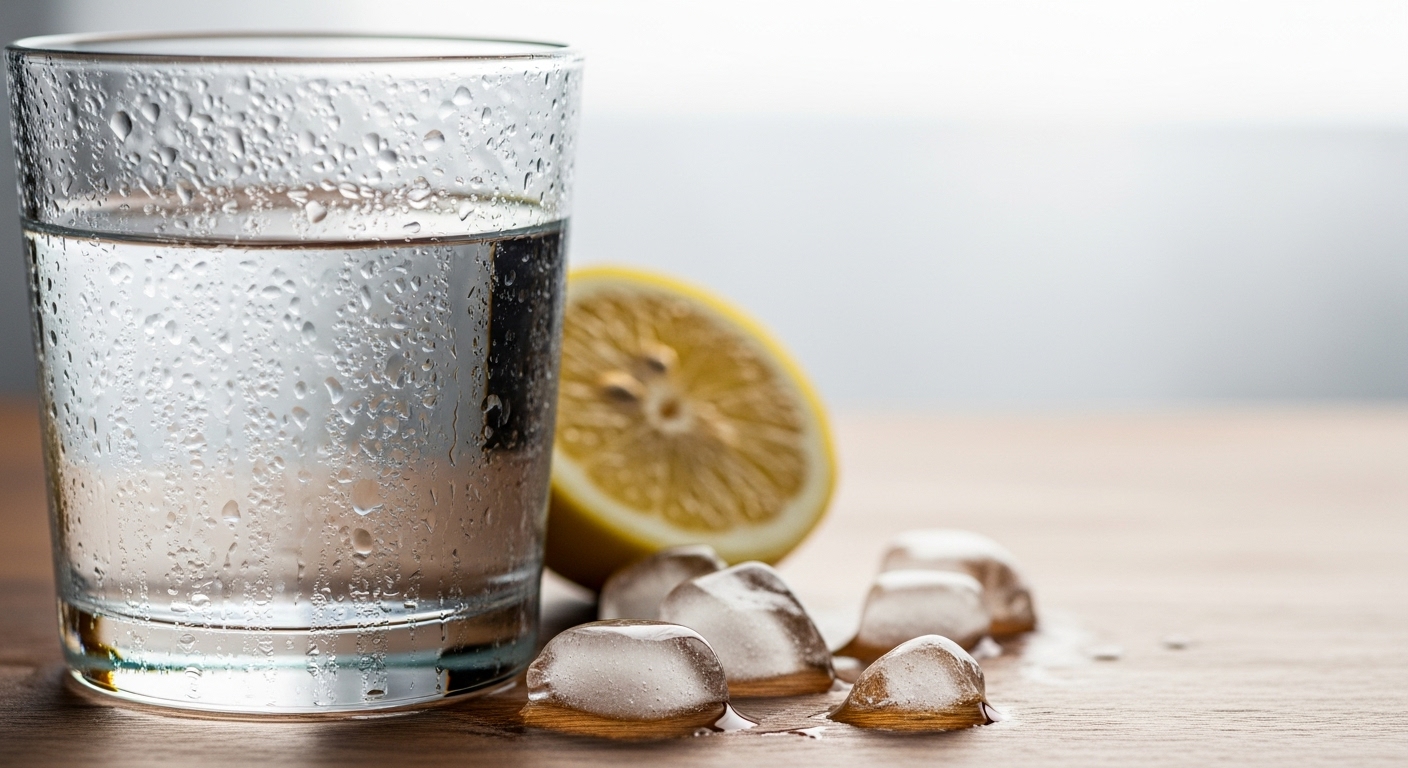 A close-up, photorealistic image of a clear glass of water with condensation on the outside, sitting on a wooden table next to a slice of lemon and a few scattered ice cubes. The background is softly blurred with a hint of natural light, emphasizing freshness and purity.